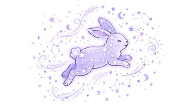 Whimsical purple rabbit jumping through starry night sky.