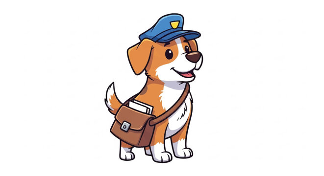 Cute cartoon dog wearing a postal worker hat and carrying a mailbag.