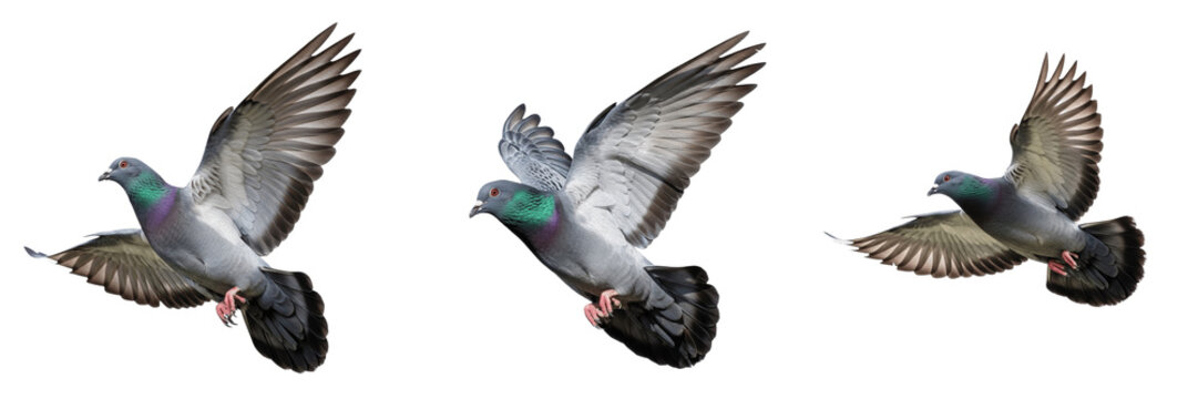 Pigeon Flying in Sky Wild Rock Dove Bird in Motion Spread Wings for Freedom Peace Nature Wildlife Urban Environment Design Element Cutout Stock Photo