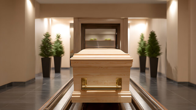 Elegant light wood casket with golden handles in a dimly lit, solemn funeral home or crematorium hallway, a poignant symbol of remembrance and loss