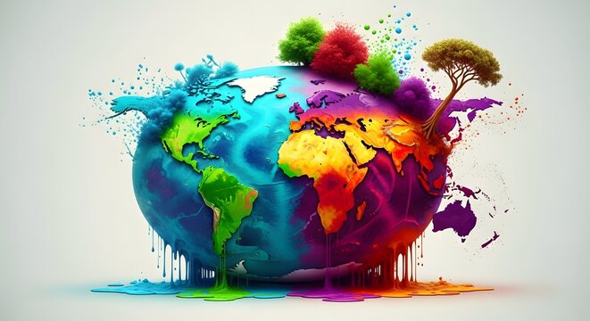 Colorful paint splatter exploding around globe with trees and nature elements