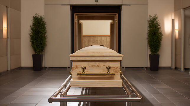 Natural wood coffin on a bier in a simple, well-lit modern funeral hall, conveying reverence and solemnity, ready for a service or transport