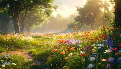 Obraz premium Vibrant wildflowers bloom in a sunlit meadow creating a peaceful landscape