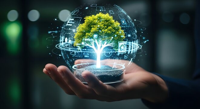 Hand holding digital globe with tree and city network hologram