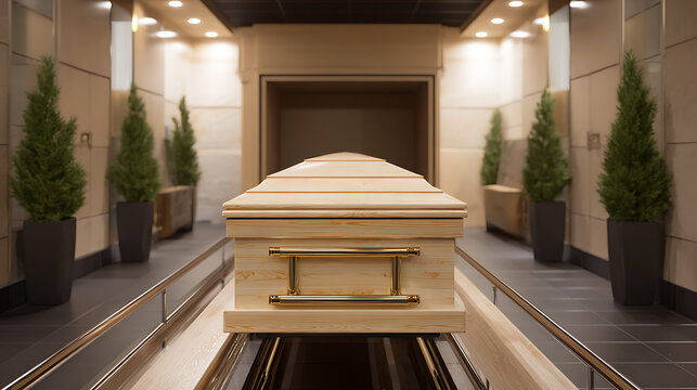 Light wooden casket moving on a track towards a crematorium entrance, conveying a solemn and dignified atmosphere for memorial services and arrangements