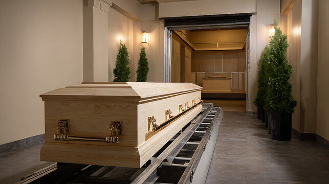 Wooden Casket on Conveyor Entering Mortuary Crematory Furnace Area for Final Farewell and Committal Service in Somber Setting