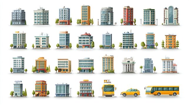Collection of various buildings and transportation vehicles, including a bus and taxi, in a city setting