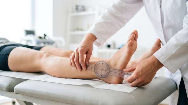 A therapist is measuring the ankle of a patient who is lying on a treatment table in a clinical room. The therapist uses a goniometer for accurate measurement