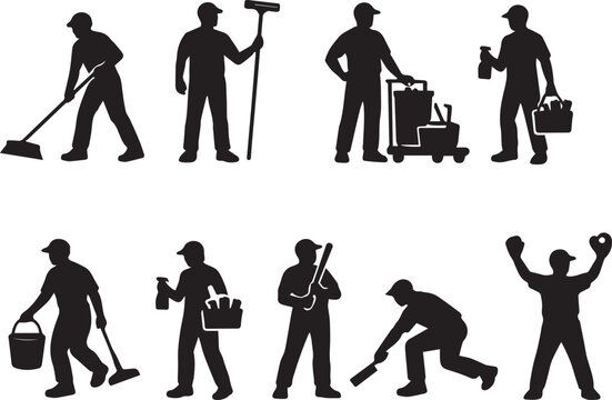 Silhouette of various janitors with cleaning tools isolated on transparent background, Vector, illustration