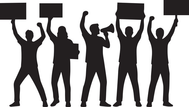 Black silhouettes of people protesting with signs and megaphone isolated on transparent background, Vector, illustration