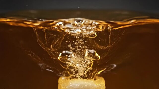 Sugar cube dissolving in amber liquid, creating bubbles and ripples.