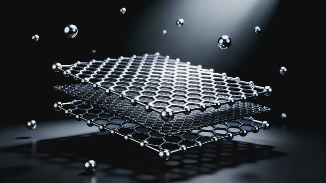 This 3D render shows stacked hexagonal graphene lattices with adsorbed metallic spherical particles floating above a dark reflective surface, demonstrating nanomaterial science concepts.