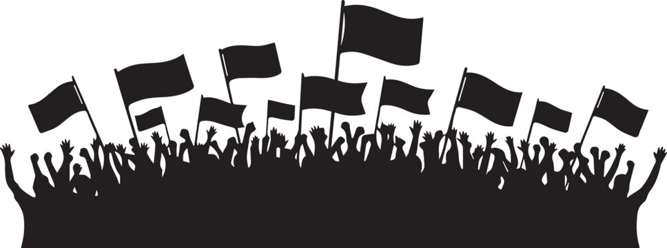Black silhouette crowd people waving flags isolated on transparent background, Vector, illustration