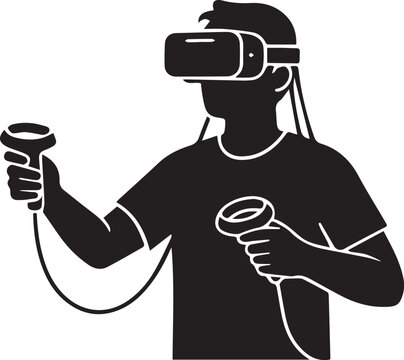 Black silhouette of a man wearing vr headset and holding controllers isolated on transparent background, Vector, illustration