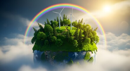 Fototapeta premium Floating island with wind turbines and rainbow over clouds at sunrise