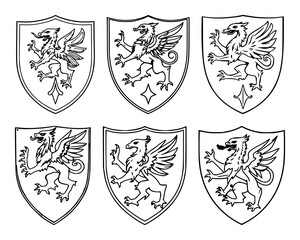 Fototapeta premium Heraldic shield set with a griffin design featuring a fantasy creature, mythical beast, legend with crest and emblem