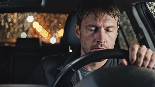 Tired man driving car at night, falling asleep at the wheel, dangerous driving concept.