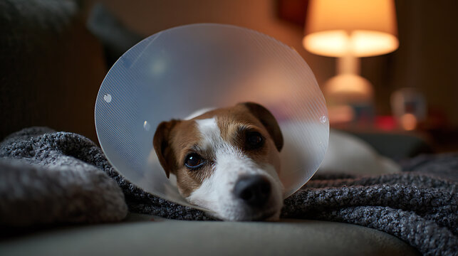 Small sad canine with protective cone collar rests indoors, looking directly at camera, portraying recovery and gentle vulnerability
