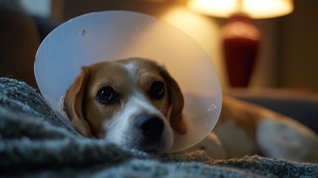 Close-up of a Beagle dog with a protective cone collar resting on a cozy blanket indoors, appearing sad and contemplative under soft lighting