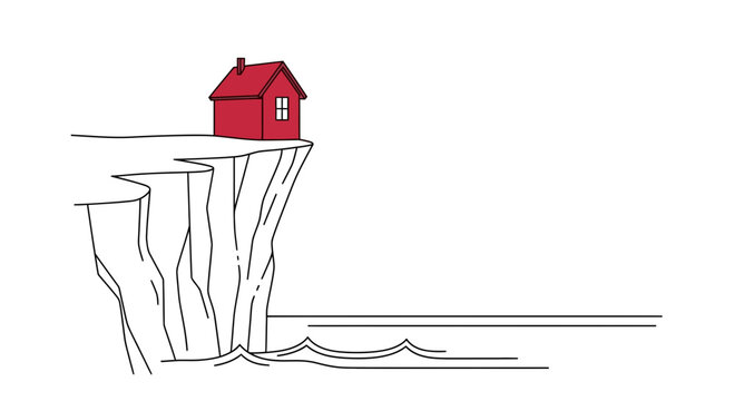 Red house on the edge of a cliff overlooking the sea, concept of risk and instability