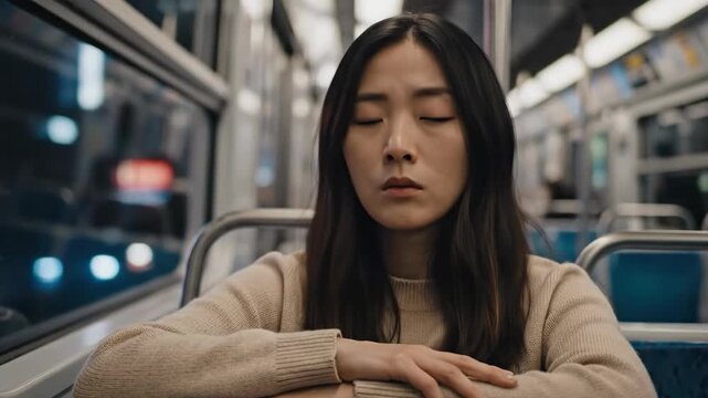 Young Asian Woman Commuting on a Bus at Night, Looking Thoughtful and Tired.