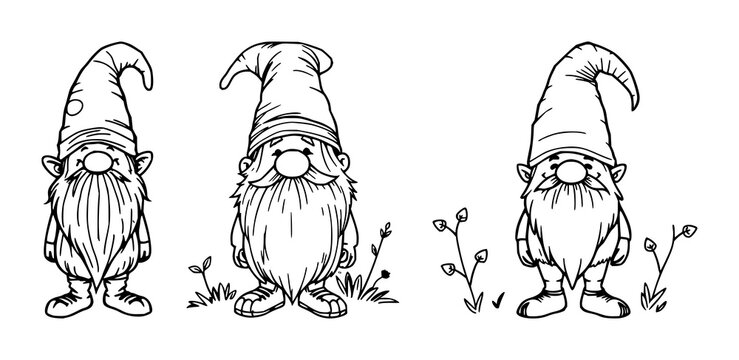 Forest gnome set with playful doodle style illustration featuring whimsical folklore, charming character, cute design with fantasy and mythical elements