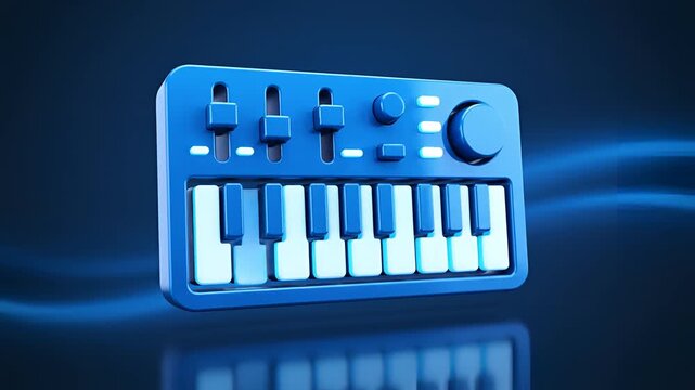 Modern Blue Synthesizer Keyboard with Glowing Lights.