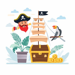 Obraz premium Cartoon Pirate Ship with Treasure Chest and Toucan