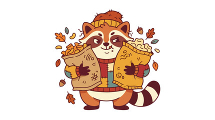 Fototapeta premium Cute Raccoon Carrying Oversized Snack Bags Funny Cozy Vector Logo
