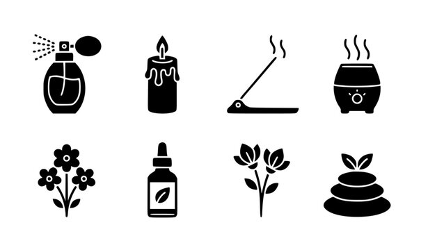 Modern aroma fragrance and wellness glyph icon set vector illustration