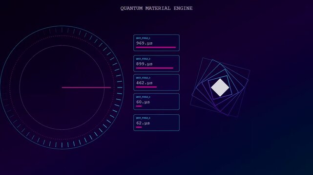 Sophisticated Quantum Material Design visualization displaying pulsating digital data feeds and geometric spinning patterns on a dark interface. Represents complex future network processing power.