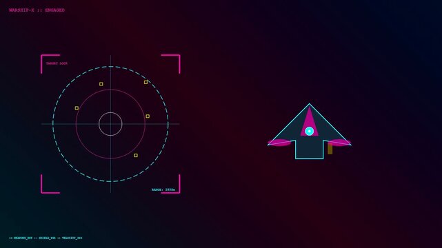 This futuristic interface showcasing a Quantum Material Design project features a glowing radar screen and a sleek spacecraft flying through a dark neon digital space atmosphere.