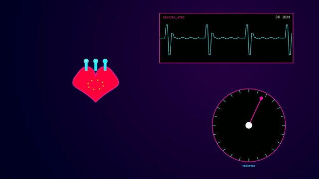 A sophisticated Quantum Material Design visualization showcases a pulsing heart icon alongside moving medical monitors and a pressure dial illuminated by bright neon pink and cyan light.