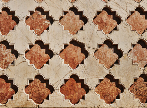 geometric decorations in the marble of the Saint Lawrence Church (Cattedrale di San Lorenzo) in Perugia, Italy, Europe