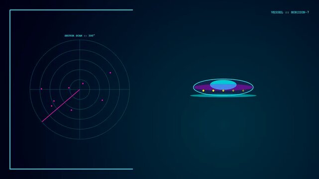 This futuristic digital interface featuring quantum material design elements monitors an unidentified flying object through a rotating radar scan against a dark deep space background