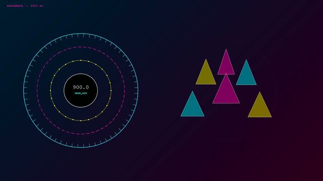 Quantum Material Design principles visualized through a dynamic digital interface showing numerical data in a circular gauge. Complemented by abstract geometric triangles for scientific measurement.