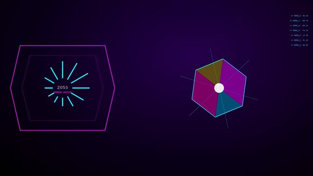 An advanced head up display utilizing Quantum Material Design principles showcases colorful radar charts and glowing data visualizations within sleek magenta frames on a dark atmospheric background