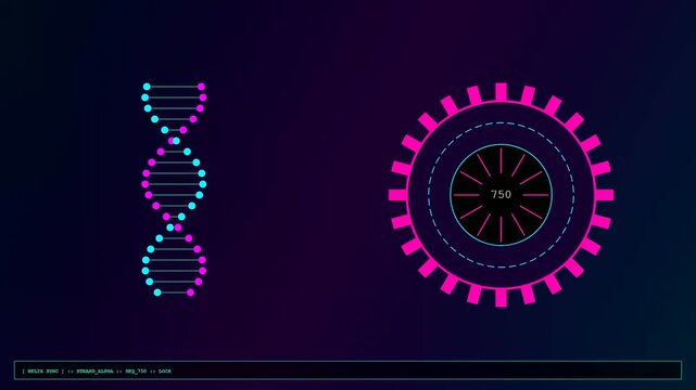 This futuristic interface displays a Quantum Material Design simulation where a glowing DNA helix rotates alongside a digital readout tracking complex biological data metrics in real time sequences.