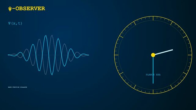Innovative Quantum Material Design concepts visualized via abstract data displays. Shows waveform fluctuations and cosmic clock cycles representing the fundamental essence of universal science.