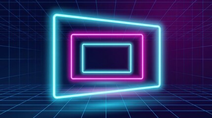 Fototapeta premium Neon Portal Frames with Grid Background in Retro Futuristic Style