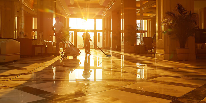 professional cleaner mopping polished office hallway isolated on transparent background