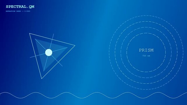 Innovative Quantum Material Design concepts illustrating light wave diffraction through triangular geometric prisms. Radiates rhythmic energy pulses across a deep blue backdrop.