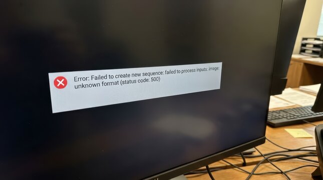 Computer error screen displaying "failed to create new sequence: unknown format (status 500)" in office workspace