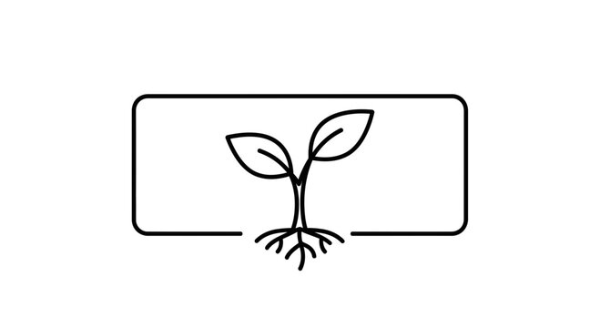 Minimalist line art of a sprouting plant with roots inside a rectangle frame