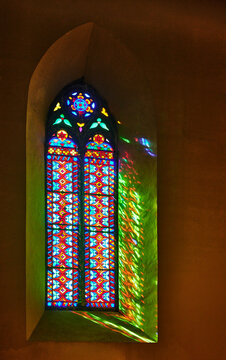 Stained glass window of the Perugia Cathedral built between 1345 and 1490, also known as the Cattedrale di San Lorenzo, located in Perugia, Italy, Europe