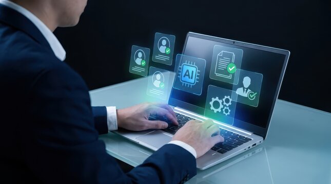 Business professional using AI laptop with digital interface icons and workflow visualization