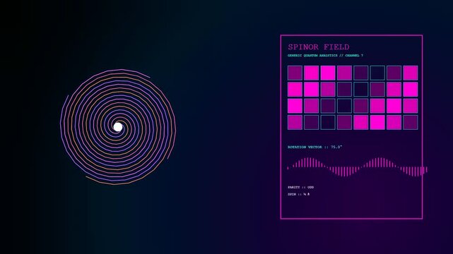 This futuristic visualization of quantum material design features rotating spinor field particles and digital data grids set against a dark atmosphere of advanced computational physics research.
