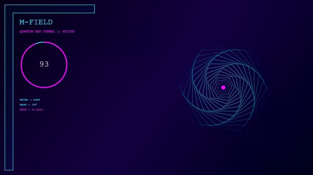 A glowing futuristic user interface utilizes a Quantum Material Design aesthetic to visualize a rotating geometric hexagonal tunnel with neon accents and technical data on a dark background.