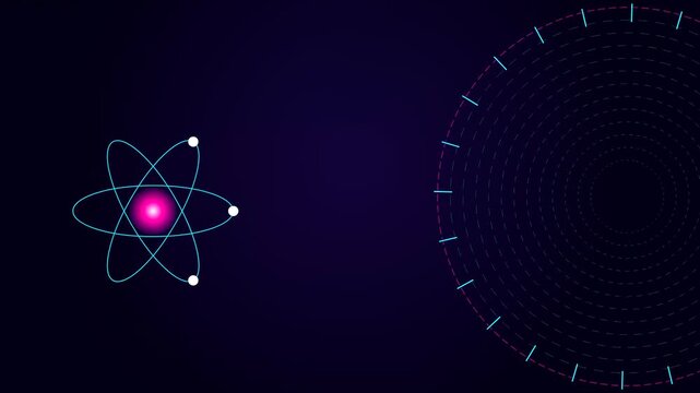 Abstract representations of Quantum Material Design flow across the dark screen as glowing atomic models orbit rapidly against a backdrop of complex circular data visualization grids