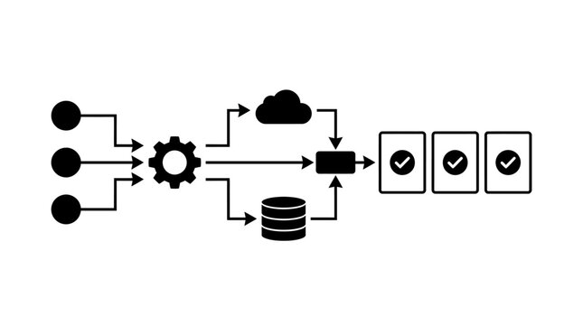 Business process automation workflow diagram showing data processing from input to completed tasks with cloud and database integration.